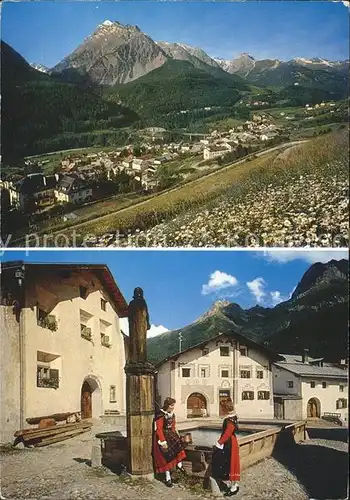 Scuol Tarasp Vulpera Dorfplatz Engadinerinnen am Brunnen Pisocgruppe / Scuol /Bz. Inn