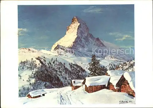 Matterhorn VS mit Berghuetten Kuenstlerkarte Kat. Matterhorn