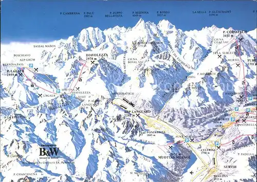 Oberengadin GR Panoramakarte Diavolezza P. Cambrena Palue Zuppo Bernina Roseg  / St Moritz /Bz. Maloja