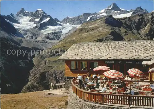 Zermatt VS Restaurant Sunnegga mit Obergabelhorn Wellenkuppe und Zinalrothorn Kat. Zermatt