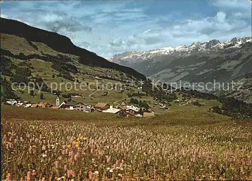 Obersaxen Meierhof Panorama mit St Martin Kat. Obersaxen