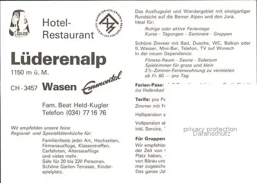 Wasen Emmental BE Hotel Restaurant Luederenalp Alpenpanorama Kat. Wasen