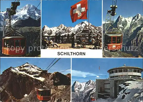 Muerren BE Schilthorn Seilbahn Drehrestaurant Piz Gloria Schweizer Flagge Alpenpanorama Kat. Muerren