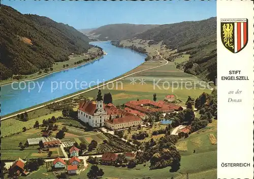 Engelhartszell Donau Oberoesterreich Stift Abtei Engelszell Trappistenkloster Wappen Fliegeraufnahme / Engelhartszell /Innviertel