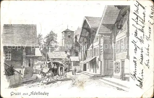 Adelboden Dorfpartie Pferdekutsche Zeichnung Kat. Adelboden