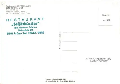 Pruem Eifel Restaurant Stiftsklause  Kat. Pruem