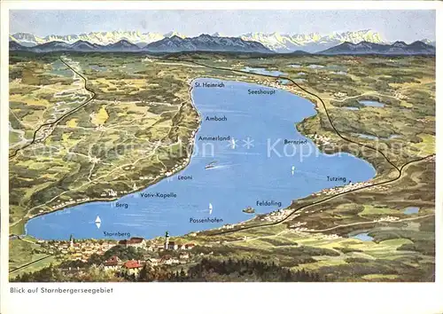 Starnbergersee Panoramakarte mit Alpen Kat. Starnberg