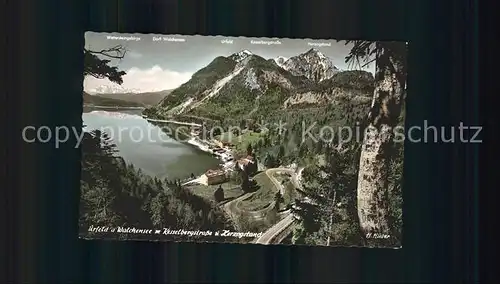 Urfeld Walchensee Panorama mit Kesselbergstrasse und Herzogstand Alpen Kat. Kochel a.See