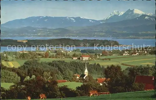 Chiemsee Panorama mit Herreninsel und Koenigsschloss Alpenpanorama Kat. Chiemsee