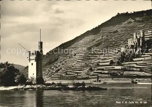 Ehrenfels Bingen Maeuseturm mit Burgruine Kat. Bingen am Rhein