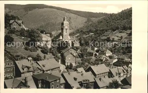 Lauscha Ortsmitte mit Kirche Schnitzerkopf Tierberg und Pappenheimer Bert Kat. Lauscha