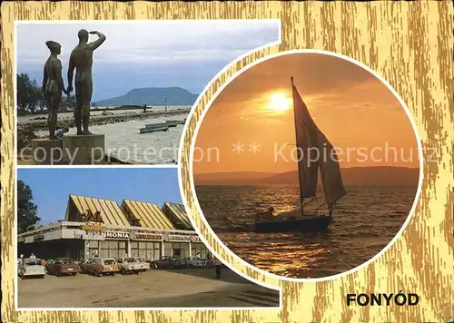 Fonyod Fuerdoe Denkmal Statue Restaurant Segeln Sonnenuntergang am Meer Kat. Ungarn