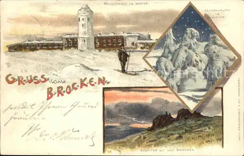 Brocken Tannengruppe im Winter Brockenhaus Gewitter am Brocken Kat. Wernigerode