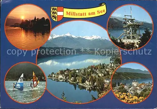 Millstatt Millstaettersee Sprungturm Abendstimmung Surfer Fliegeraufnahme Kat. Millstatt Millstaetter See