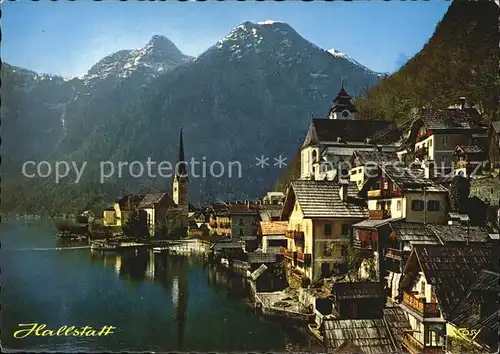 Hallstatt Salzkammergut Partie am Ufer mit Kirche Kat. Hallstatt