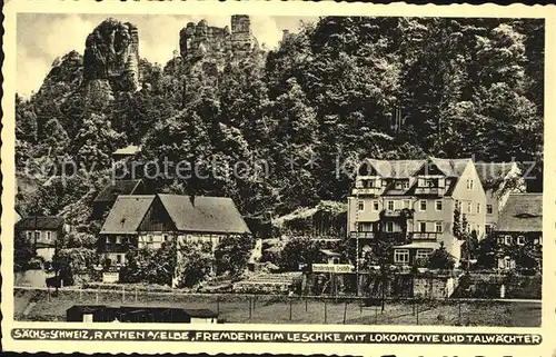 Rathen Saechsische Schweiz Fremdenheim Leschke Lokomotive Talwaechter Felsen Elbsandsteingebirge Kurort Kat. Rathen Sachsen