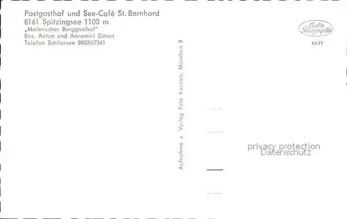 Spitzingsee Postgasthof und Seecafe St Bernhard Kat. Schliersee