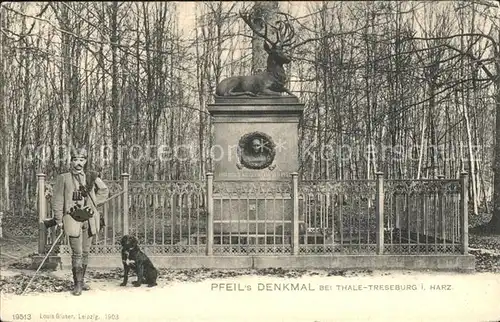 Treseburg Harz Pfeil s Denkmal Hirschstatue Jaeger Hund Kat. Treseburg