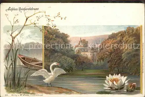 Friedrichroda Schloss Reinhardsbrunn Seerose Schwan Kuenstlerkarte Kat. Friedrichroda