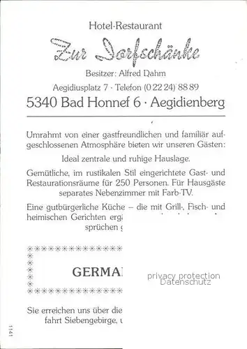 Aegidienberg Hotel Restaurant Zur Dorfschaenke Gastraum Kat. Bad Honnef