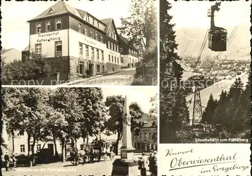 Oberwiesenthal Erzgebirge Fremdenhof Kaffee Koenig Fichtelberg Schwebebahn Postkutsche Postmeilensaeule Kurort Wintersportplatz Kat. Oberwiesenthal