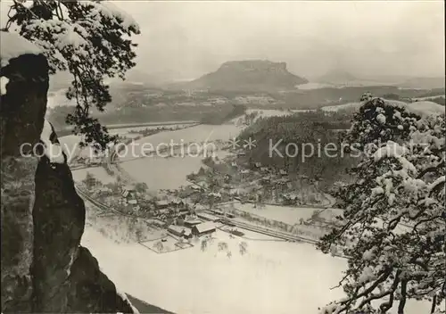 Rathen Saechsische Schweiz Winterpanorama mit Lilienstein Tafelberg Elbsandsteingebirge Kat. Rathen Sachsen