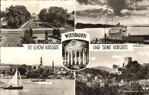Wiesbaden Kurhaus Rheindampfer bei Biebrich Schierstein Hafen Sonnenberg mit Burg Kat. Wiesbaden