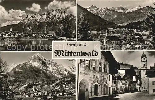 Mittenwald Bayern Gesamtansicht mit Alpenpanorama Strassenpartie Kirche Cafe Konditorei Kat. Mittenwald