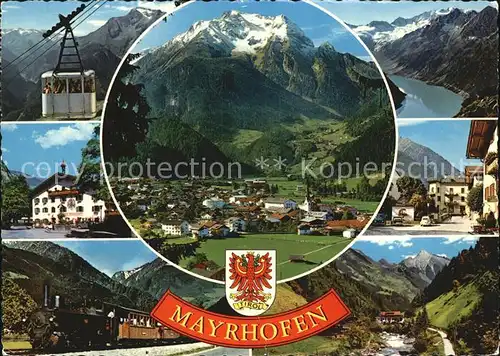Mayrhofen Zillertal Gesamtansicht mit Alpenpanorama Bergbahn Dorfpartie Dampflokomotive Kat. Mayrhofen