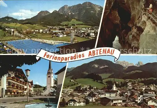 Abtenau Sommerfrische Ortsansicht mit Kirche Freibad Alpenblick Schlucht Kat. Abtenau