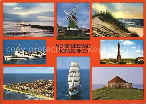 Norderney Nordseebad Strand Windmuehle Leuchtturm Segelschiff Kat. Norderney