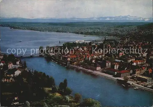 Konstanz Bodensee Fliegeraufnahme Rheinausfluss mit Alpen Kat. Konstanz