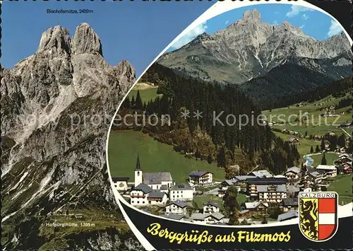 Filzmoos Ortsansicht mit Kirche Blick zur Bischofsmuetze Hofpuerglhuette Dachsteingebirge Kat. Filzmoos