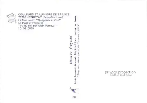 Etretat Fliegeraufnahme Monument Nungesser et Coli und Strand Kat. Etretat