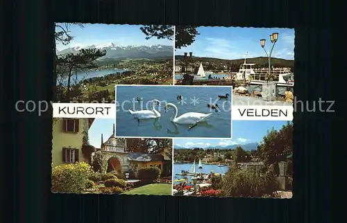 Velden Woerther See Alpenseebad Blick auf Mittagskogel Karawanken Strandpromenade Anleger Schlosshotel Veldener Bucht Schwaene Kat. Velden am Woerther See