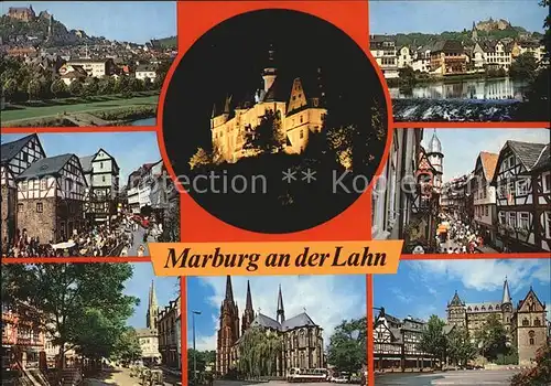 Marburg Lahn Burg Nachtaufnahme Teilansichten Marktplatz Kirche Kat. Marburg