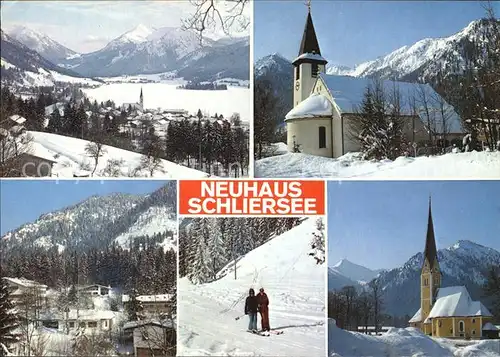 Neuhaus Schliersee Winterpanorama Alpen Kirche Skifahrer Kat. Schliersee