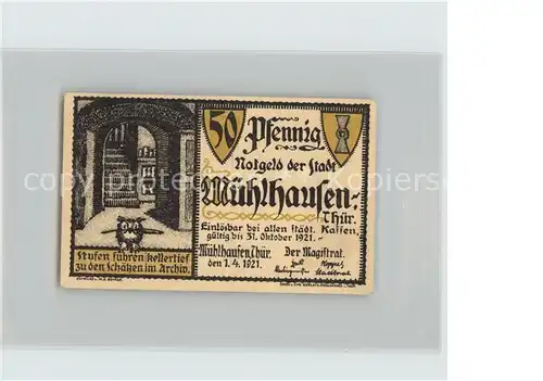 Muehlhausen Thueringen 50 Pfennig Eule  Kat. Muehlhausen Thueringen