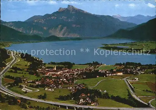 Mondsee Salzkammergut Panorama mit Schafberg und Autobahn Salzburg Wien Kat. Mondsee