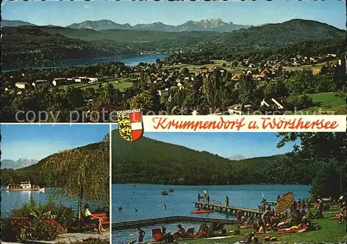 Krumpendorf Woerther See Gesamtansicht mit Alpenpanorama Badestrand Alpenseebad Luftkurort Kat. Krumpendorf am Woerther See