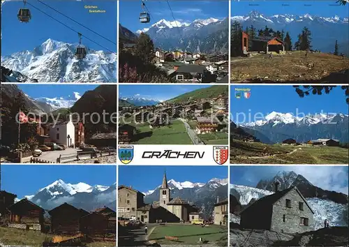 Graechen VS Teilansichten Bergbahn Kirche Berghaus Gletscher Alpenpanorama Kat. Graechen