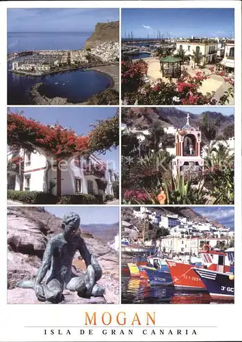 Mogan Hafen Fischerboote Blumenpracht Skulptur Kat. Gran Canaria Spanien
