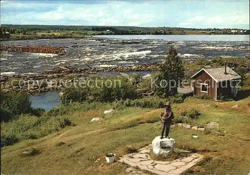 Finnland Suomi Lappland Wasserfall Statue Faehrmann Kat. Finnland