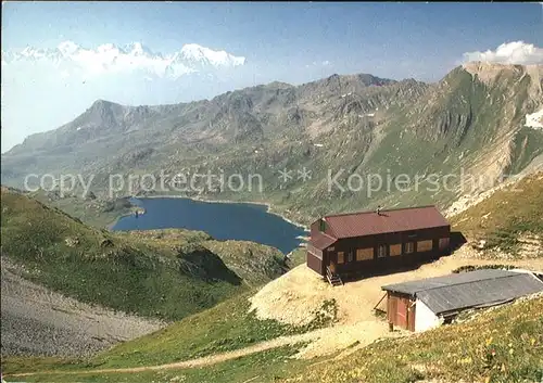 Valais Wallis Kanton La cabane du col de Fenestral Le lac de Fully et la chaine du Mt Blanc Kat. Sion