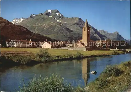 Sils Baselgia mit Kirche und Piz La Margna Kat. Sils Baselgia