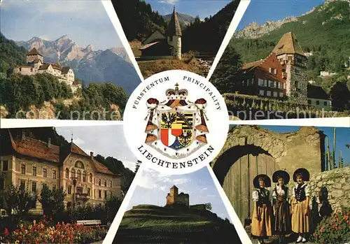 Liechtenstein  Staatswappen Schloss Vaduz Kapelle Steg Rotes Haus Regierung Tracht Kat. Liechtenstein