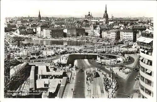 Stockholm Slussen och Gamla stan fran Mosebacke terrasser Kat. Stockholm