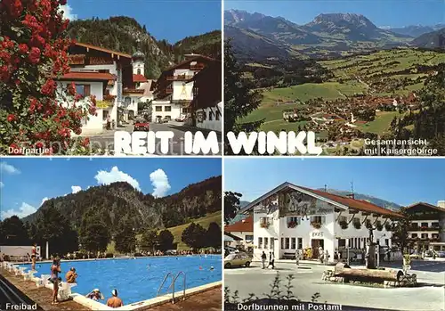 Reit Winkl Fliegeraufnahme mit Kaisergebirge Brunnen Postamt Freibad Kat. Reit im Winkl
