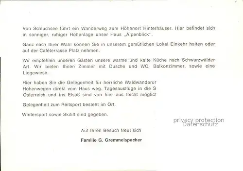Hinterhaeuser Cafe Pension Alpenblick Schwarzwald Kat. Schluchsee