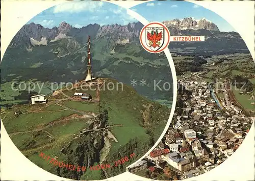 Kitzbuehel Tirol mit Kaisergebirge Kitzbueheler Horn Sender Zentralalpen Fliegeraufnahme Kat. Kitzbuehel